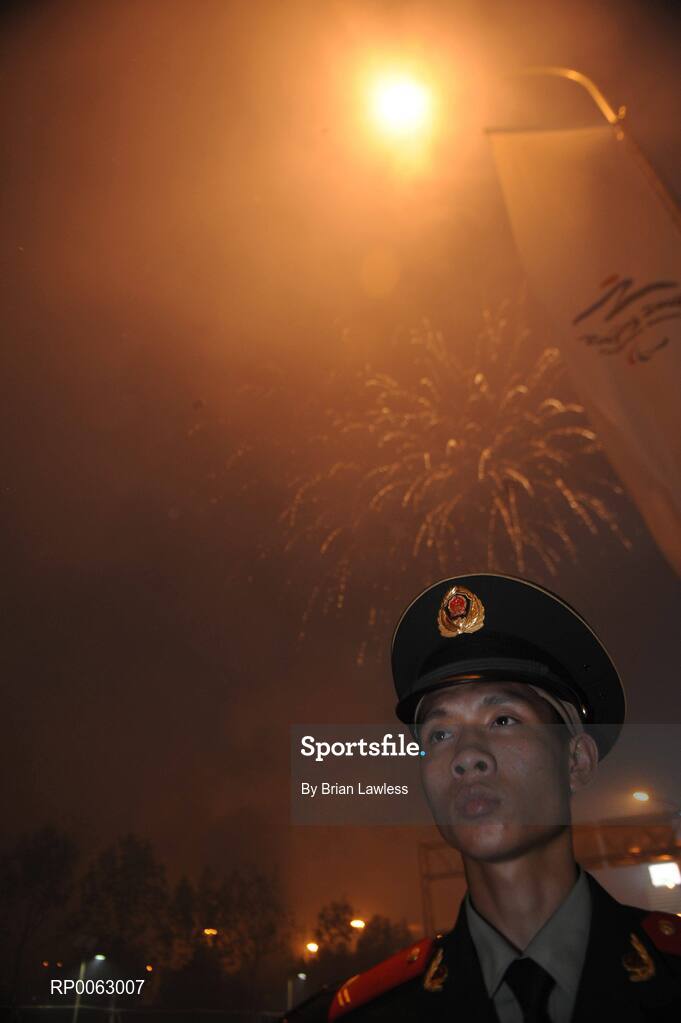 16 September 2008; A general view of members of the Beijing Fire Department ourtside the 'Bird's Nest' during the Closing Ceremony. Beijing Paralympic Games 2008, Closing Ceremony, National Stadium, Olympic Green, Beijing, China. Picture credit: Brian Lawless / SPORTSFILE