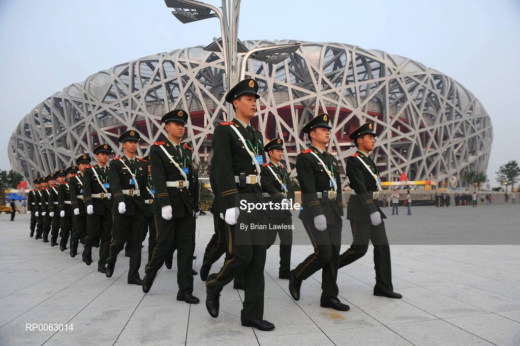 16 September 2008; Members of the Chinese military outside the 'Bird's Nest' in the build up to the Closing Ceremony. Beijing Paralympic Games 2008, Closing Ceremony, National Stadium, Olympic Green, Beijing, China. Picture credit: Brian Lawless / SPORTSFILE