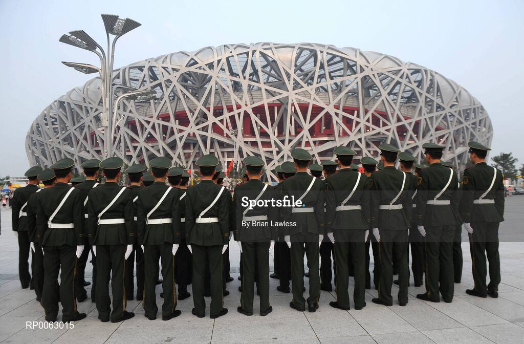 16 September 2008; Members of the Chinese military outside the 'Bird's Nest' in the build up to the Closing Ceremony. Beijing Paralympic Games 2008, Closing Ceremony, National Stadium, Olympic Green, Beijing, China. Picture credit: Brian Lawless / SPORTSFILE