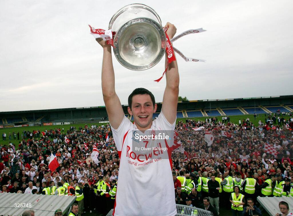 27 September 2008; Tyrone captain Ronan McNabb holds aloft the Tom Markham cup. ESB GAA Football All-Ireland Minor Championship Final Replay, Tyrone v Mayo, Pearse Park, Longford. Picture credit: Oliver McVeigh / SPORTSFILE