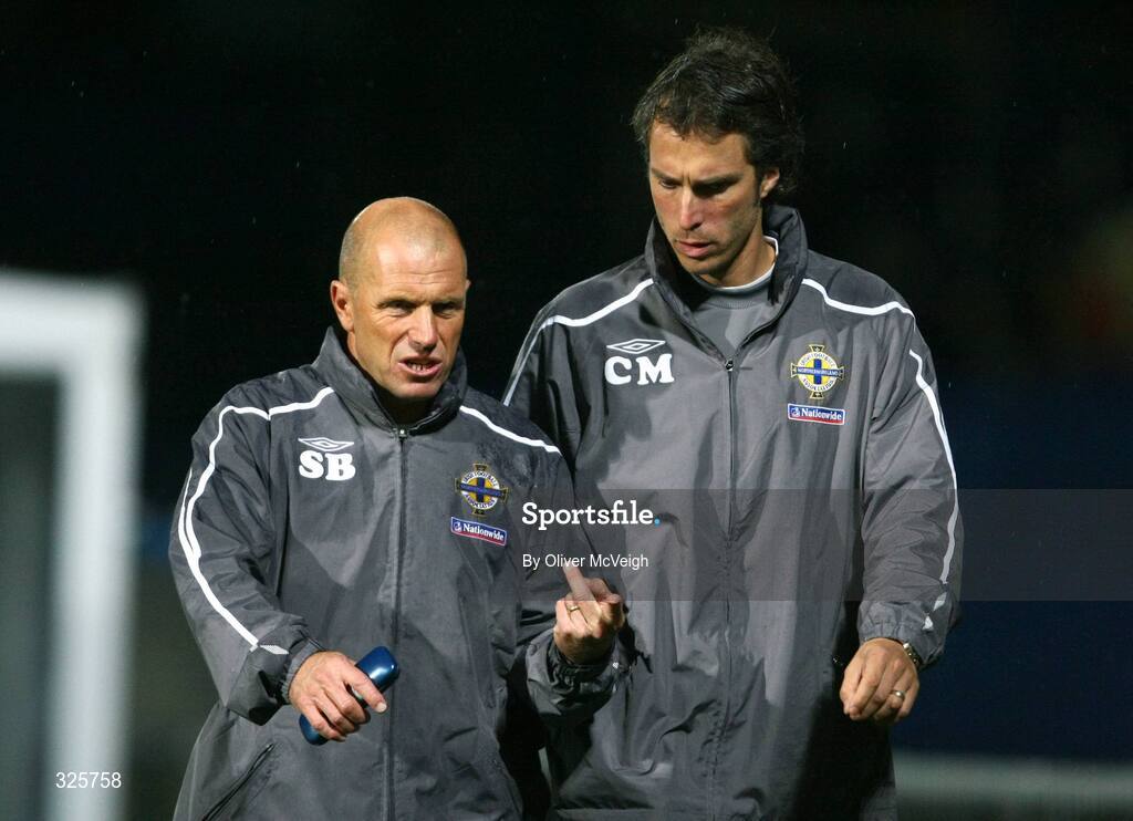 10 October 2008; Northern Ireland manager Steve Beaglehole, left, and assisant manager Christophe Moulin come off at half-time. UEFA Under 19 European Championships Qualifying Round, Northern Ireland v England, Windsor Park, Belfast. Picture credit: Oliver McVeigh / SPORTSFILE