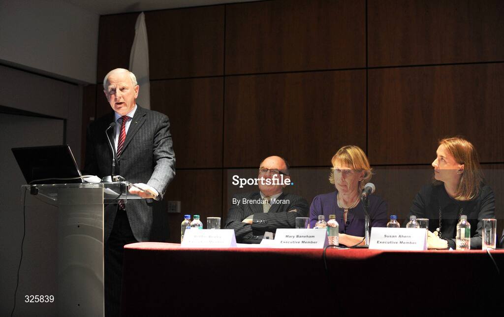 31 October 2008; Outgoing President Patrick Hickey, left, speaking after he was re-elected to the position of President of the Olympic Council of Ireland during an Extraordinary General Meeting of the Olympic Council of Ireland. Croke Park, Dublin. Picture credit: Brendan Moran / SPORTSFILE