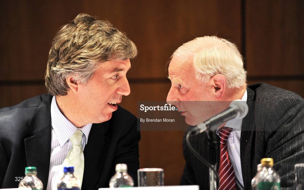 31 October 2008; Outgoing President Patrick Hickey, right, in conversation with John Delaney, 2nd Vice President of the Olympic Council of Ireland and CEO of the FAI, after he was re-elected to the position of President of the Olympic Council of Ireland, during an Extraordinary General Meeting of the Olympic Council of Ireland. Croke Park, Dublin. Picture credit: Brendan Moran / SPORTSFILE