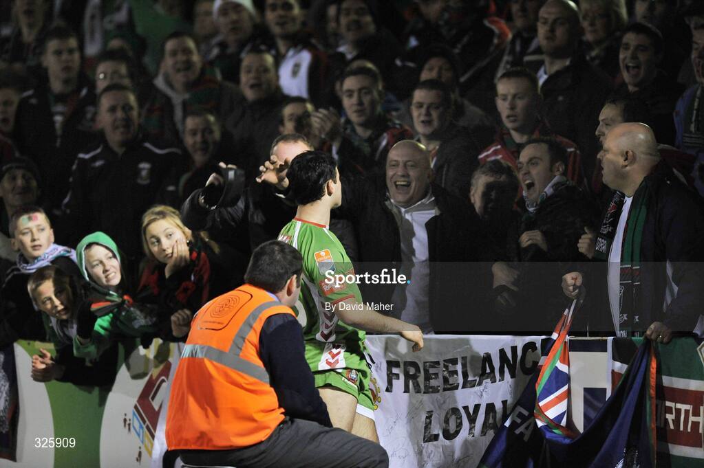 1 November 2008; Danny Murphy, Cork City, with Glentoran supporters after an incident during the second half. Setanta Sports Cup Final, Cork City v Glentoran, Turners Cross, Cork. Picture credit: David Maher / SPORTSFILE