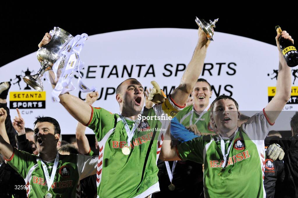 1 November 2008; Cork City captain Dan Murray, left, celebrates with team-mate Dennis Behan after winning the Setanta Cup Final. Setanta Sports Cup Final, Cork City v Glentoran, Turners Cross, Cork. Picture credit: David Maher / SPORTSFILE