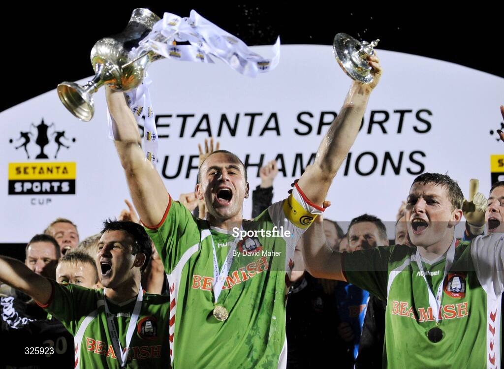 1 November 2008; Cork City captain Dan Murray, left, celebrates with team-mate Dennis Behan after winning the Setanta Cup Final. Setanta Sports Cup Final, Cork City v Glentoran, Turners Cross, Cork. Picture credit: David Maher / SPORTSFILE