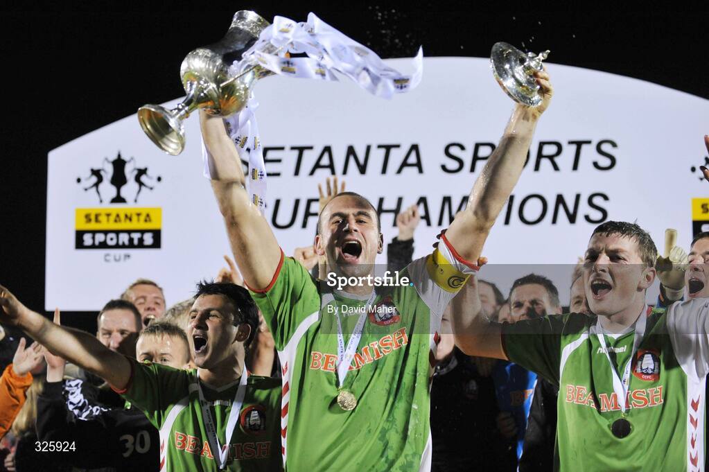 1 November 2008; Cork City captain Dan Murray, left, celebrates with team-mate Dennis Behan after winning the Setanta Cup Final. Setanta Sports Cup Final, Cork City v Glentoran, Turners Cross, Cork. Picture credit: David Maher / SPORTSFILE