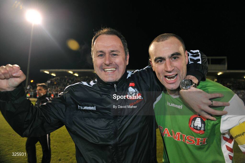 1 November 2008; Cork City manager Alan Mathews and captain Dan Murray celebrate after winning the Setanta Cup Final against Glentoran. Setanta Sports Cup Final, Cork City v Glentoran, Turners Cross, Cork. Picture credit: David Maher / SPORTSFILE