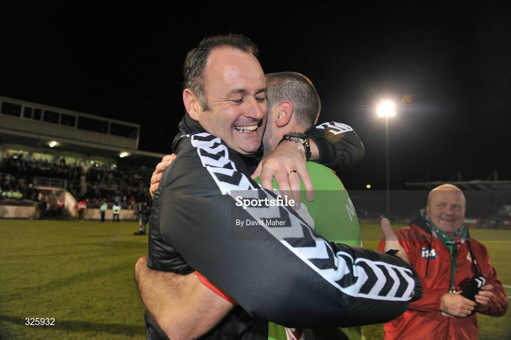 1 November 2008; Cork City manager Alan Mathews celebrates with captain Dan Murray after winning the Setanta Cup Final against Glentoran. Setanta Sports Cup Final, Cork City v Glentoran, Turners Cross, Cork. Picture credit: David Maher / SPORTSFILE
