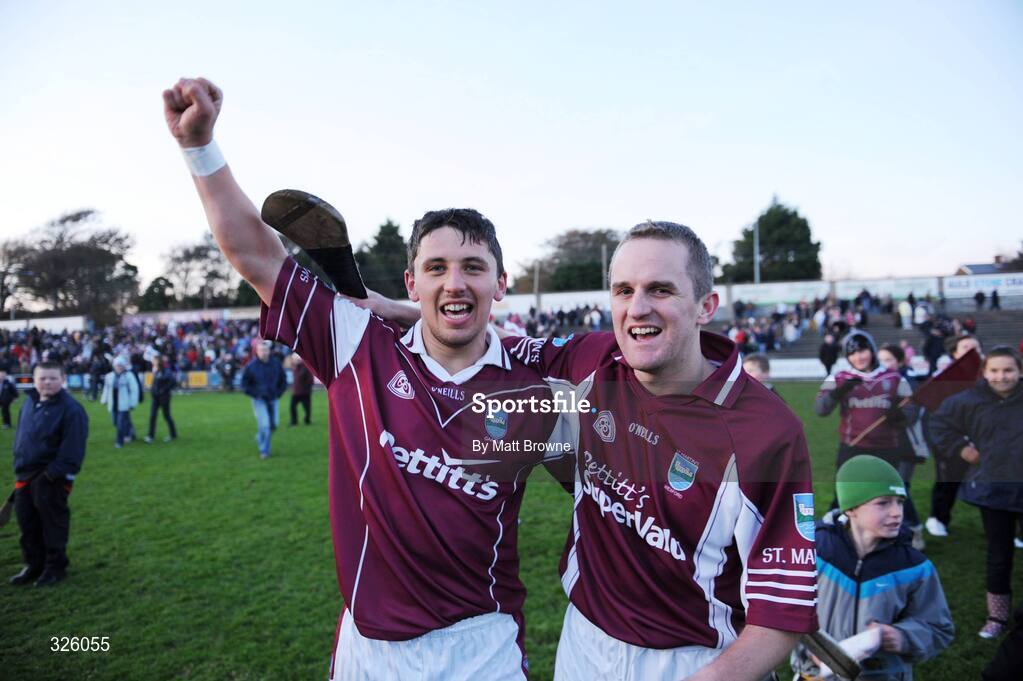 2 November 2008; Ciaran Lyng, left, and James McDonald, St Martin's, celebrate at the final whistle. Wexford Senior Hurling Final, Oulart the Ballagh v St Martin's, Wexford Park, Wexford. Picture credit: Matt Browne / SPORTSFILE