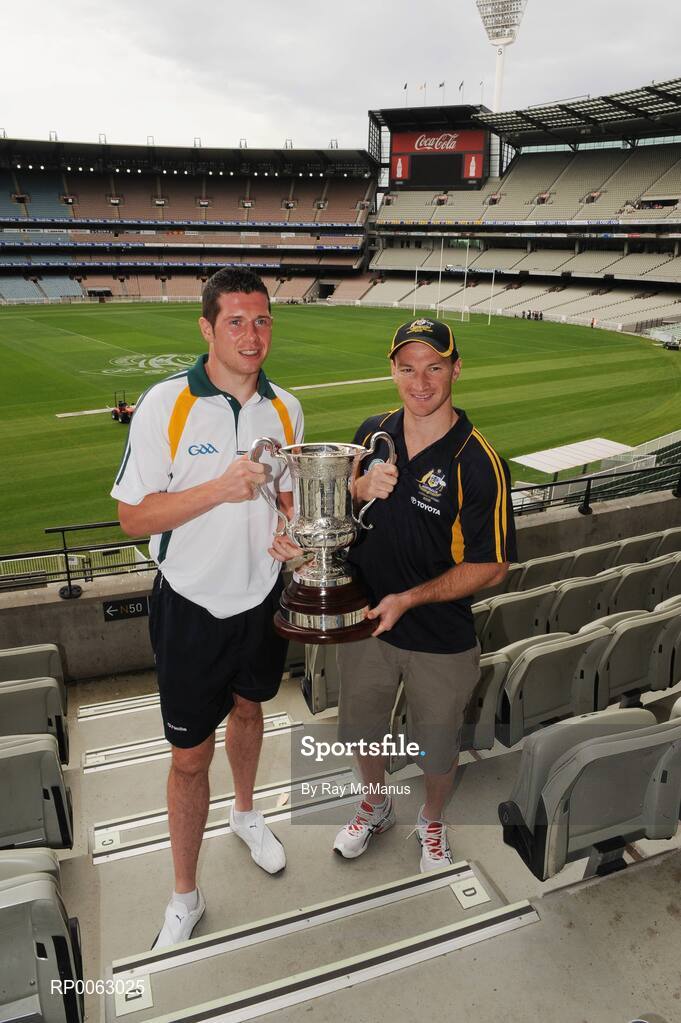 30 October 2008; The Australian captain Brent Harvey and the Irish captain Sean Cavanagh with the Cormac McAnallen Cup in advance of the second test. International Rules Series, Australia v Ireland, Melbourne Cricket Ground, Melbourne, Australia. Picture credit: Ray McManus / SPORTSFILE