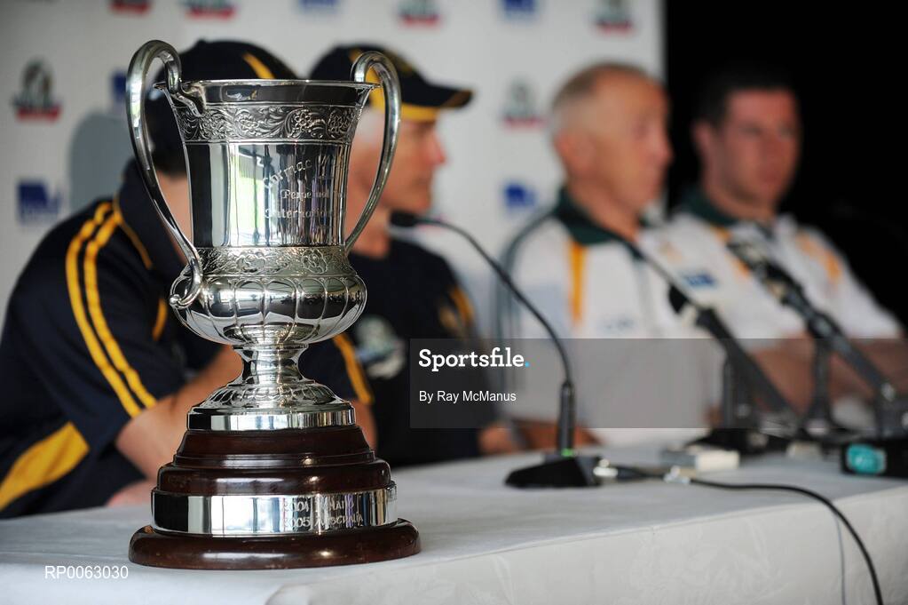 30 October 2008; The Cormac McAnallen Cup sits on the edge of the table as thhe Australian captain Brent Harvey, Australian manager Mick Malthouse, Irish manager Sean Boylan and Irish captain Sean Cavanagh speak at the captains and managers press conference in advance of the second test. International Rules Series, Australia v Ireland, Melbourne Cricket Ground, Melbourne, Australia. Picture credit: Ray McManus / SPORTSFILE