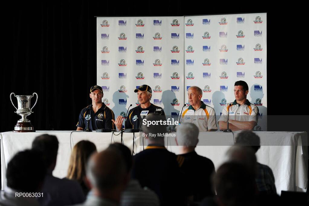 30 October 2008; The Cormac McAnallen Cup sits on the edge of the table as thhe Australian captain Brent Harvey, Australian manager Mick Malthouse, Irish manager Sean Boylan and Irish captain Sean Cavanagh speak at the captains and managers press conference in advance of the second test. International Rules Series, Australia v Ireland, Melbourne Cricket Ground, Melbourne, Australia. Picture credit: Ray McManus / SPORTSFILE