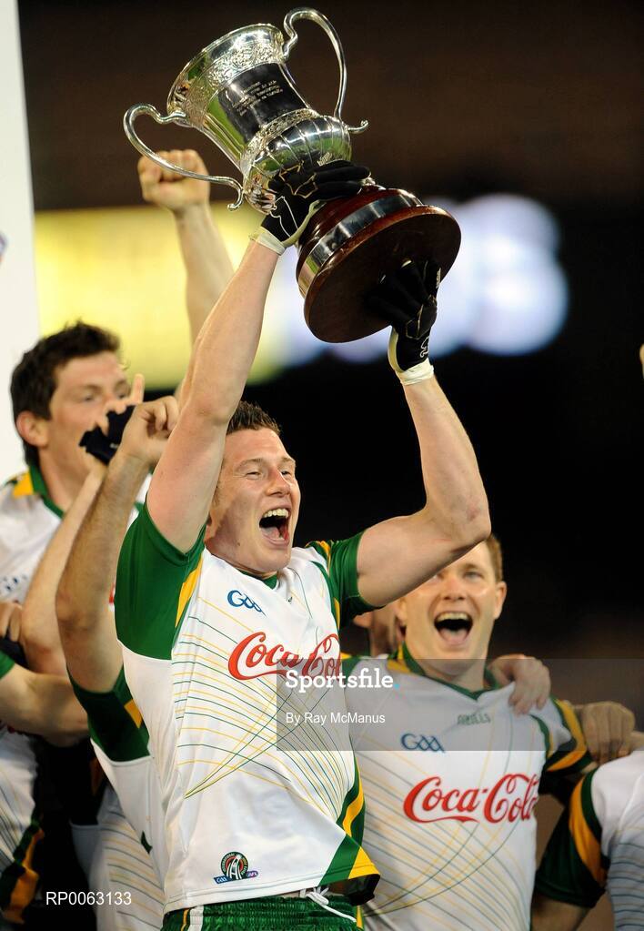 31 October 2008; Irish captain Sean Cavanagh lifts the Cormac McAnallen Cup after victory over Australia. Toyota International Rules Series, Australia v Ireland, Melbourne Cricket Ground, Melbourne, Australia. Picture credit: Ray McManus / SPORTSFILE