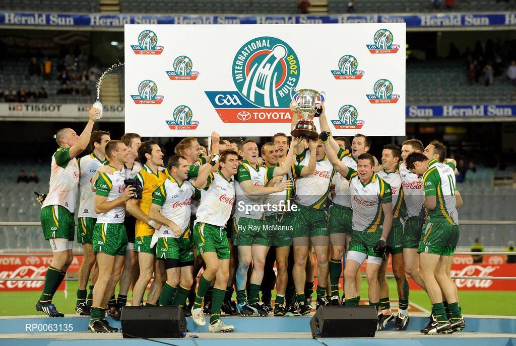 31 October 2008; Irish captain Sean Cavanagh and his team-mates lift the Cormac McAnallen Cup after victory over Australia. Toyota International Rules Series, Australia v Ireland, Melbourne Cricket Ground, Melbourne, Australia. Picture credit: Ray McManus / SPORTSFILE
