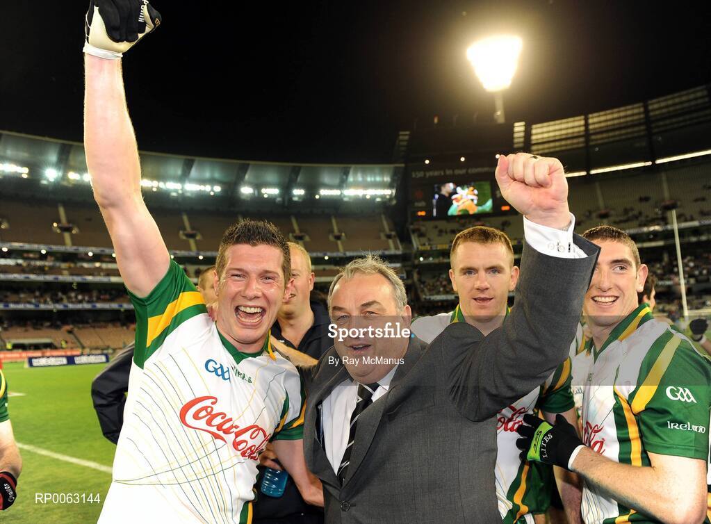 31 October 2008; Ireland captain Sean Cavanagh and GAA President Nickey Brennan celebrate victory. Toyota International Rules Series, Australia v Ireland, Melbourne Cricket Ground, Melbourne, Australia. Picture credit: Ray McManus / SPORTSFILE