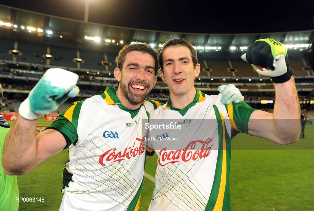 31 October 2008; Ireland and Tyrone brothers Joe, left, and Justin McMahon celebrate victory. Toyota International Rules Series, Australia v Ireland, Melbourne Cricket Ground, Melbourne, Australia. Picture credit: Ray McManus / SPORTSFILE
