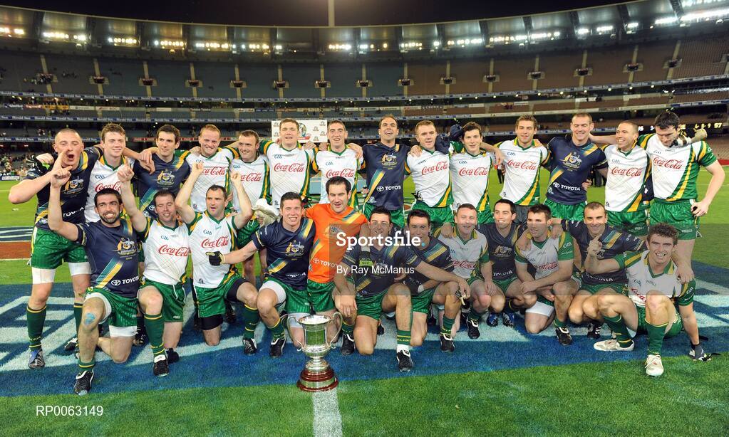 31 October 2008; The Ireland team celebrate with the Cormac McAnallen cup after victory over Australia. Toyota International Rules Series, Australia v Ireland, Melbourne Cricket Ground, Melbourne, Australia. Picture credit: Ray McManus / SPORTSFILE