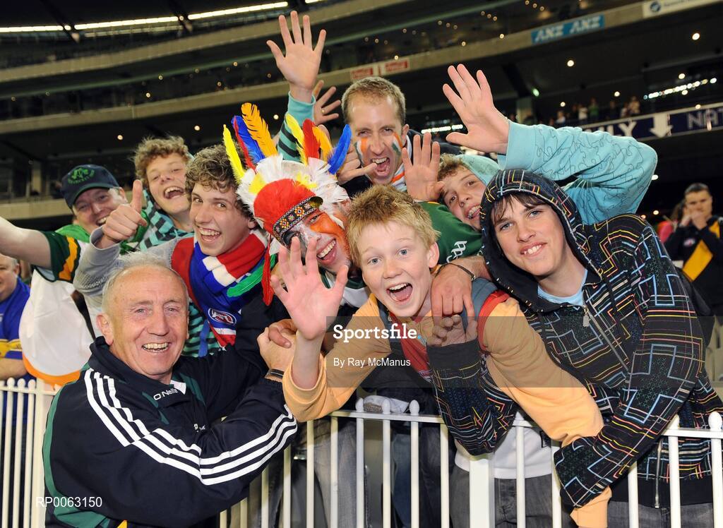 31 October 2008; Ireland manager Sean Boylan celebrates with Irish and Australian fans alike at the end of the game. Toyota International Rules Series, Australia v Ireland, Melbourne Cricket Ground, Melbourne, Australia. Picture credit: Ray McManus / SPORTSFILE