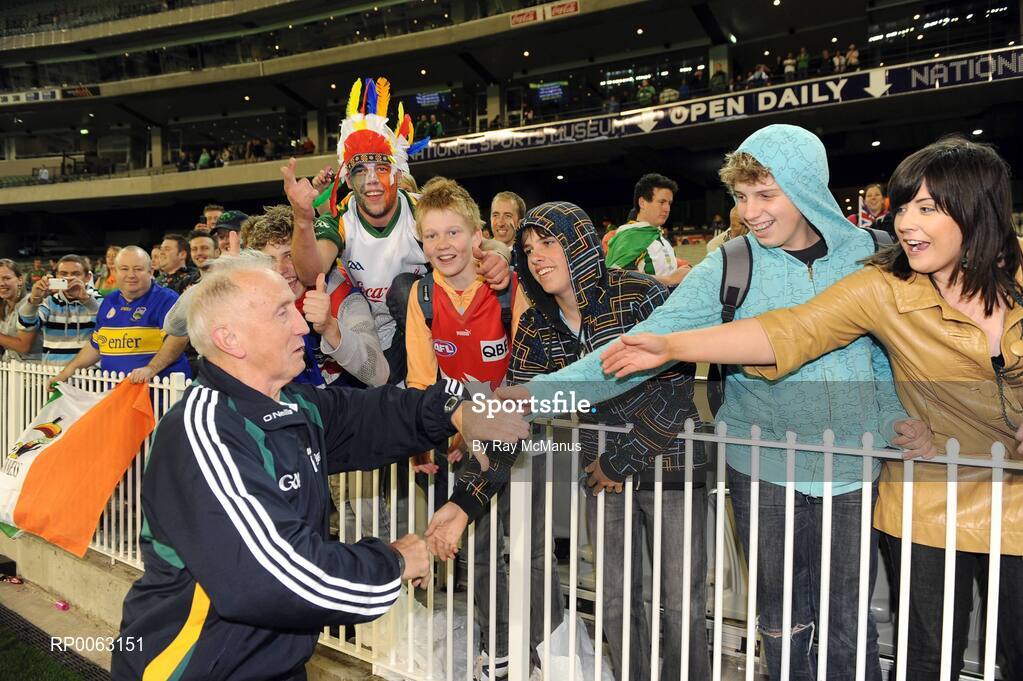 31 October 2008; Ireland manager Sean Boylan celebrates with Irish and Australian fans alike at the end of the game. Toyota International Rules Series, Australia v Ireland, Melbourne Cricket Ground, Melbourne, Australia. Picture credit: Ray McManus / SPORTSFILE