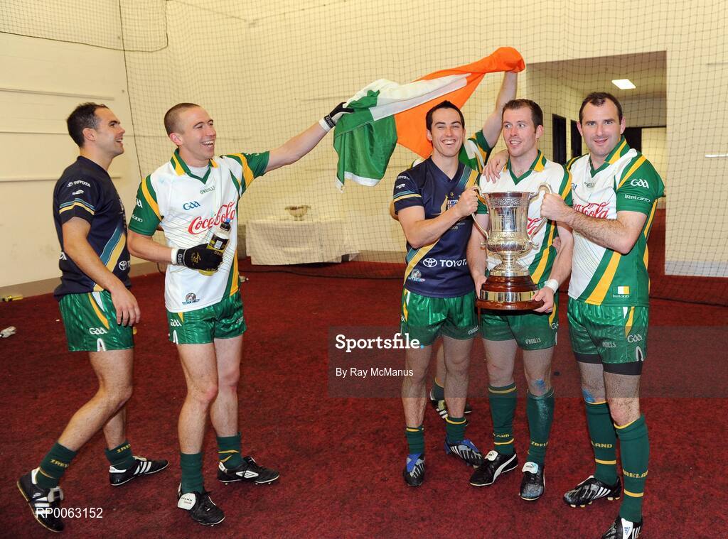 31 October 2008; Ireland players Paul Finlay, John keane, Aaron Kernan, Ciaran McKeever and Steven McDonnell celebrate with the Cormac McAnallen Cup in the dressing room area after the game. Toyota International Rules Series, Australia v Ireland, Melbourne Cricket Ground, Melbourne, Australia. Picture credit: Ray McManus / SPORTSFILE