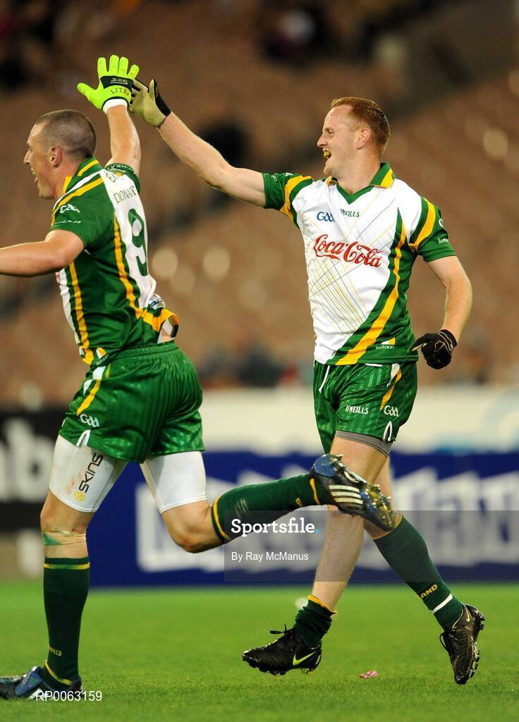 31 October 2008; Kieran Donnelly and Benny Coulter celebrate the latters goal near the end of the game for Ireland. Toyota International Rules Series, Australia v Ireland, Melbourne Cricket Ground, Melbourne, Australia. Picture credit: Ray McManus / SPORTSFILE
