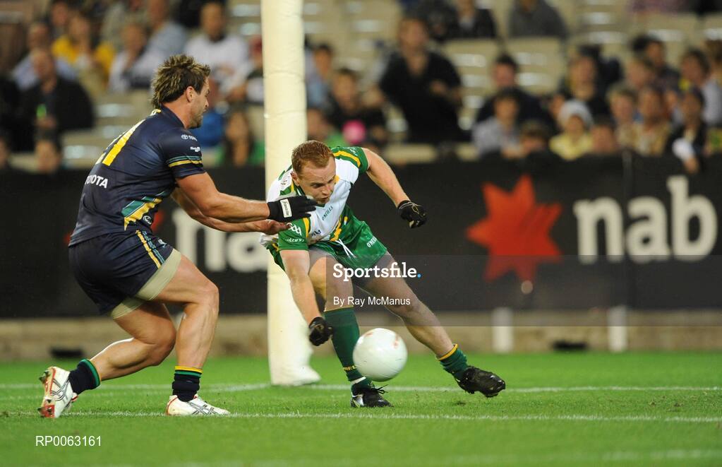 31 October 2008; Benny Coulter punches the ball past Nathan Foley, of Australia, to score a goal for Ireland. Toyota International Rules Series, Australia v Ireland, Melbourne Cricket Ground, Melbourne, Australia. Picture credit: Ray McManus / SPORTSFILE