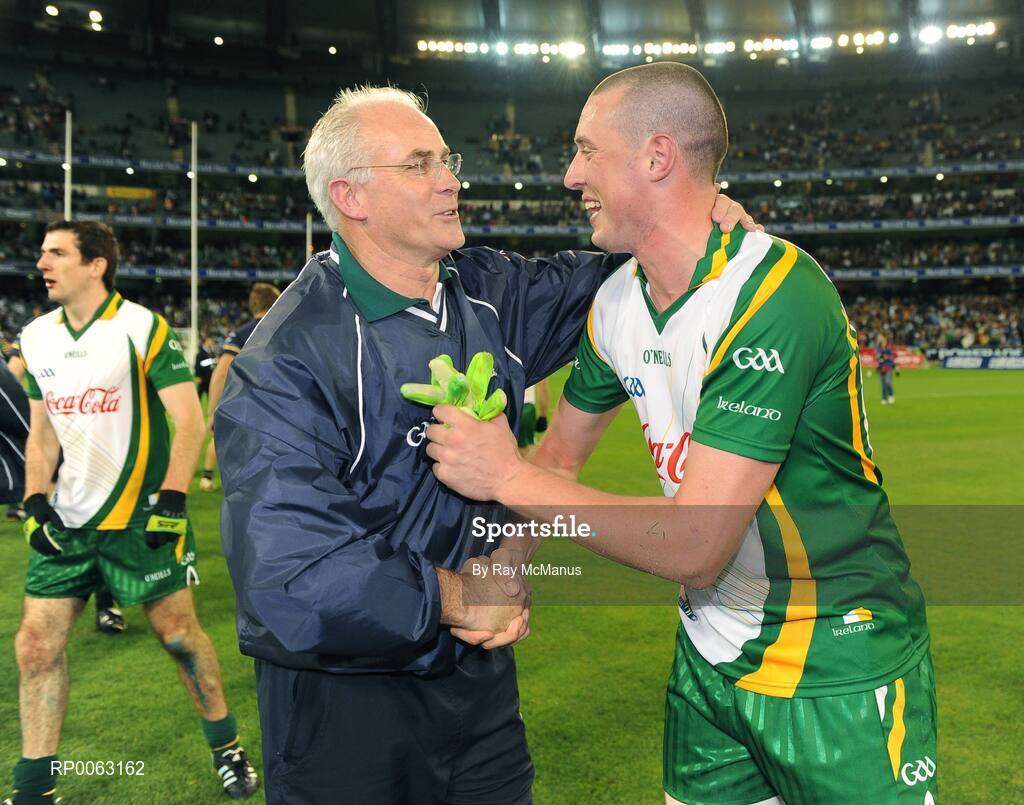 31 October 2008; Ireland's Kieran Donnaghy is congratulated by fellow Kerry man and tour manager Sean Walsh. Toyota International Rules Series, Australia v Ireland, Melbourne Cricket Ground, Melbourne, Australia. Picture credit: Ray McManus / SPORTSFILE