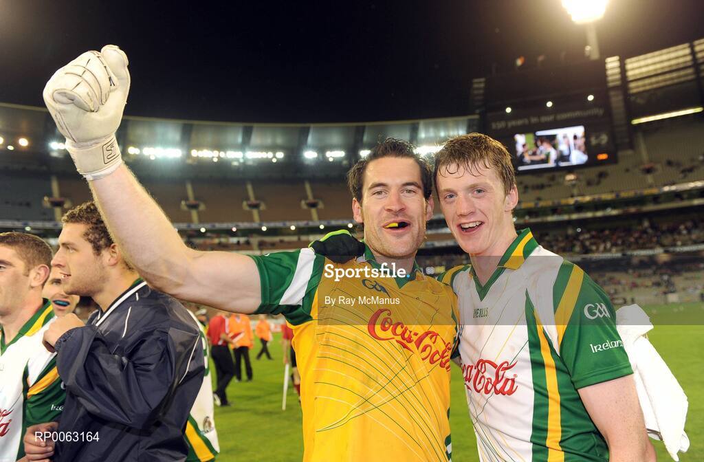 31 October 2008; Ireland goalkeeper David Gallagher and his fellow Meath man Kevin Reilly celebrate victory. Toyota International Rules Series, Australia v Ireland, Melbourne Cricket Ground, Melbourne, Australia. Picture credit: Ray McManus / SPORTSFILE