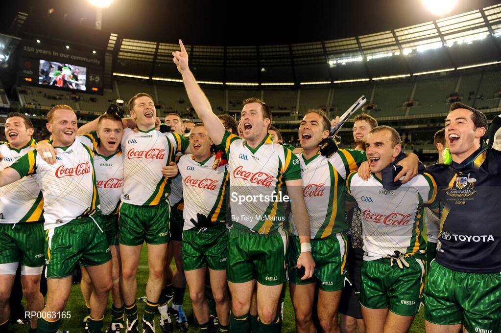 31 October 2008; Ciaran McKeever, centre, leads Irish players from left, Sean Cavanagh, Benny Coulter, Marty McGrath, Paddy Bradley, Paul Finlay, John Meskella and Aaron Kernan in the celebrations. Toyota International Rules Series, Australia v Ireland, Melbourne Cricket Ground, Melbourne, Australia. Picture credit: Ray McManus / SPORTSFILE