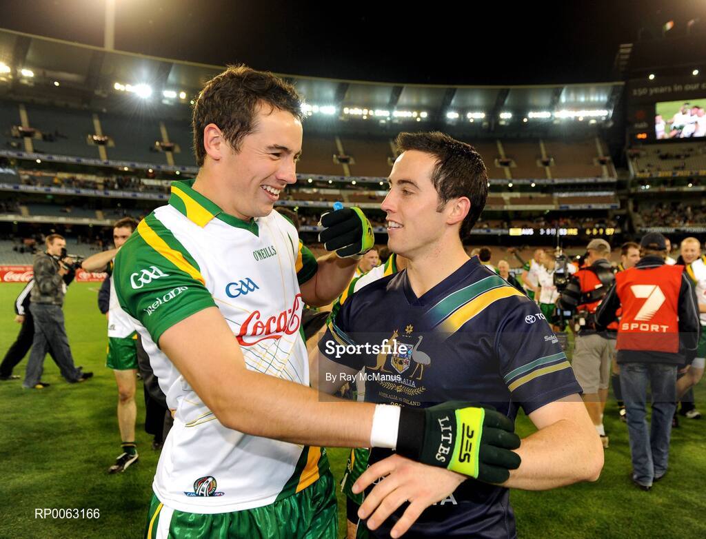 31 October 2008; Finian Hanley, Galway, and Aaron Kernan, Armagh, celebrate the Irish victory. Toyota International Rules Series, Australia v Ireland, Melbourne Cricket Ground, Melbourne, Australia. Picture credit: Ray McManus / SPORTSFILE