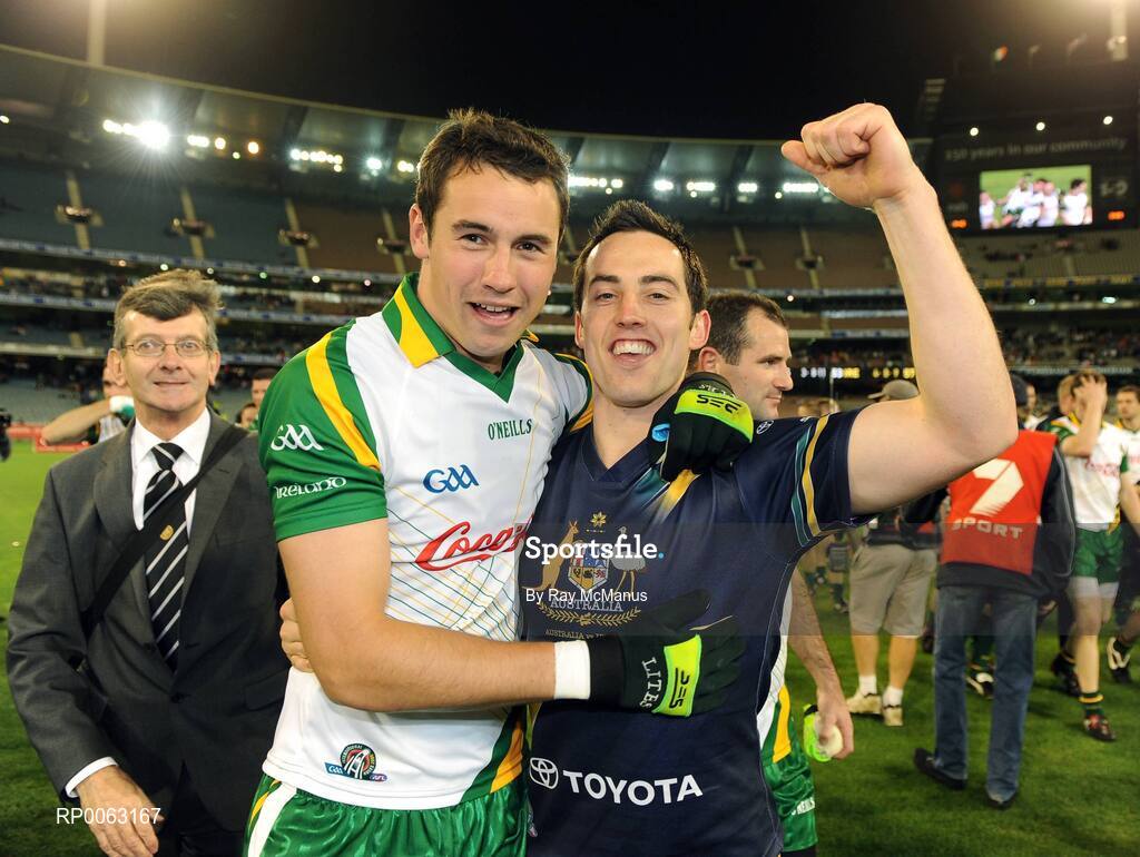 31 October 2008; Finian Hanley, Galway, and Aaron Kernan, Armagh, celebrate the Irish victory. Toyota International Rules Series, Australia v Ireland, Melbourne Cricket Ground, Melbourne, Australia. Picture credit: Ray McManus / SPORTSFILE