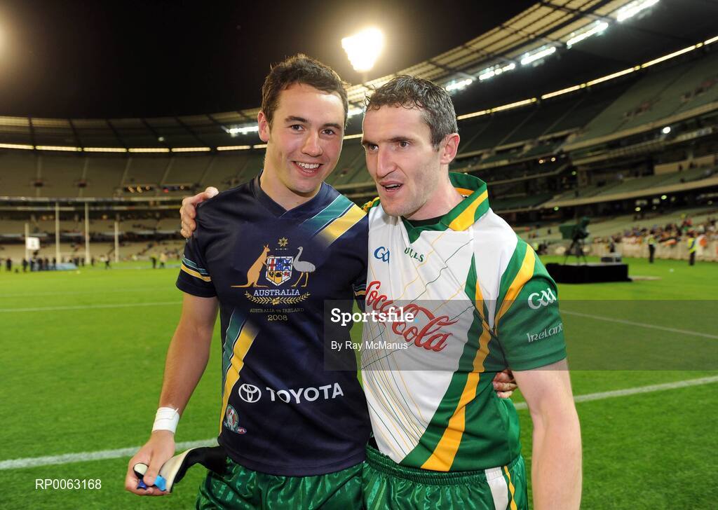 31 October 2008; Finian Hanley, Galway, and Graham Canty, Cork, celebrate the Irish victory. Toyota International Rules Series, Australia v Ireland, Melbourne Cricket Ground, Melbourne, Australia. Picture credit: Ray McManus / SPORTSFILE