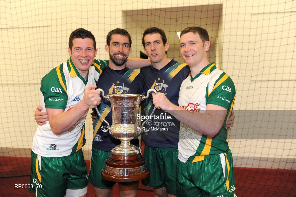 31 October 2008; Ireland and Tyrone players Sean Cavanagh, Joe and Justin McMahon and Enda McGinley with the Cormac McAnallen Cup. Toyota International Rules Series, Australia v Ireland, Melbourne Cricket Ground, Melbourne, Australia. Picture credit: Ray McManus / SPORTSFILE