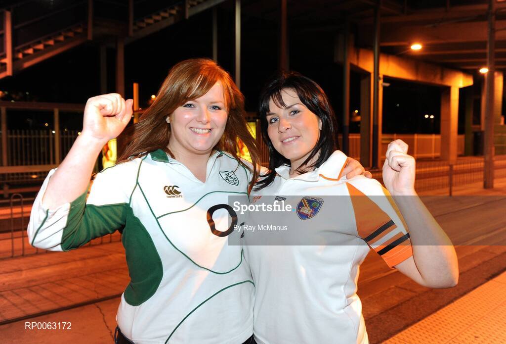 31 October 2008; Ireland supporters, from Armagh, Patricia McClave, Derrynoose, and Philomena Doyle, from Granemore, celebrate as they make their way home on a tram from the game. Toyota International Rules Series, Australia v Ireland, Melbourne Cricket Ground, Melbourne, Australia. Picture credit: Ray McManus / SPORTSFILE