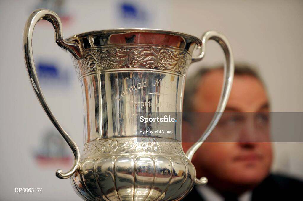 31 October 2008; The Cormack McAnallen cup sits on a table as GAA Pressident Nickey Brennan listens to questions at the after match press conference. Toyota International Rules Series, Australia v Ireland, Melbourne Cricket Ground, Melbourne, Australia. Picture credit: Ray McManus / SPORTSFILE