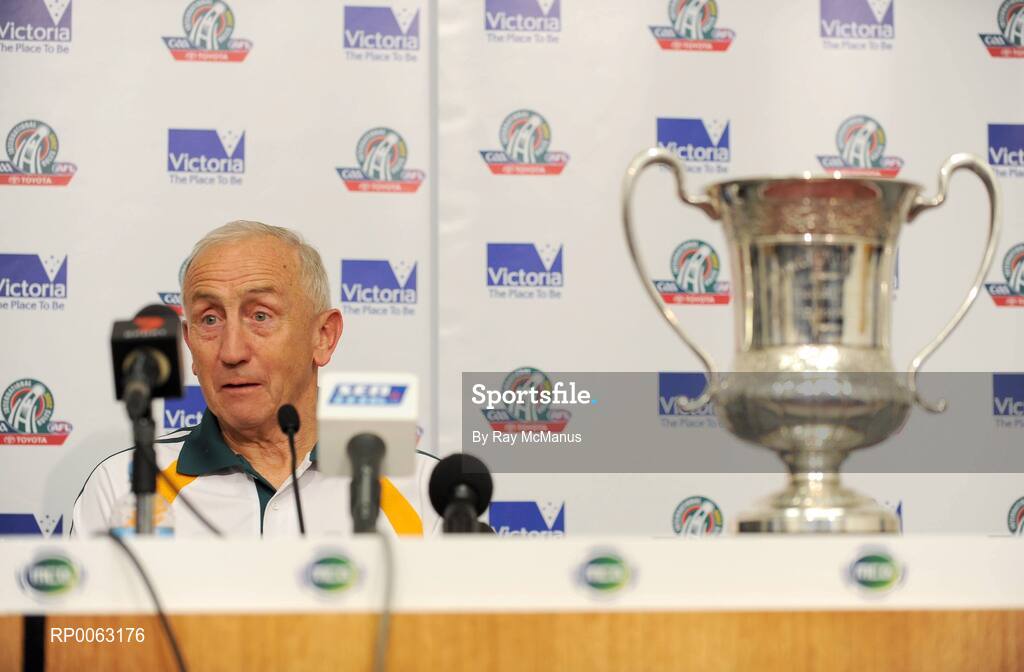 31 October 2008; The Cormack McAnallen cup sits on a table as Ireland manager Sean Boylan answers questions at the after match resss conference. Toyota International Rules Series, Australia v Ireland, Melbourne Cricket Ground, Melbourne, Australia. Picture credit: Ray McManus / SPORTSFILE