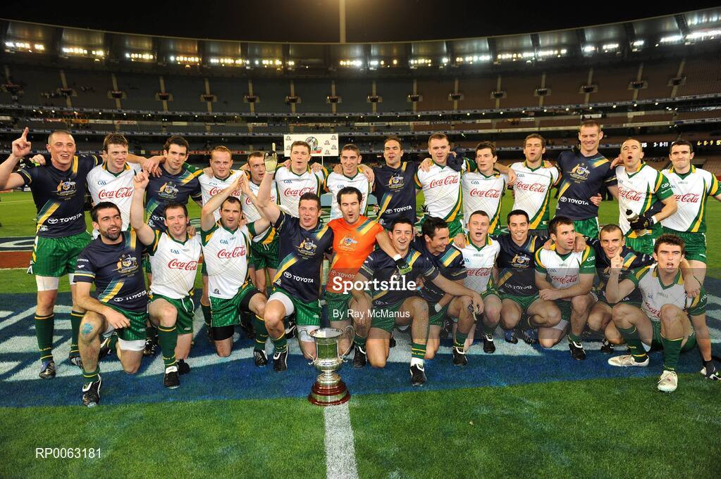 31 October 2008; The Ireland team celebrate with the Cormac McAnallen cup after victory over Australia. Toyota International Rules Series, Australia v Ireland, Melbourne Cricket Ground, Melbourne, Australia. Picture credit: Ray McManus / SPORTSFILE