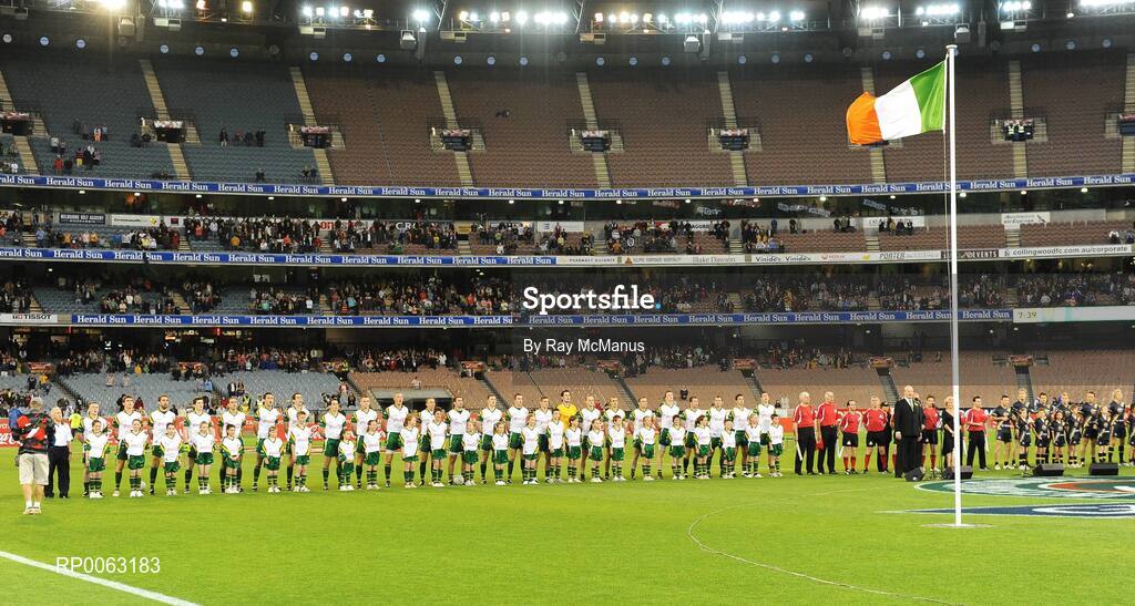 31 October 2008; The Ireland and Australia teams stand for the national anthems. Toyota International Rules Series, Australia v Ireland, Melbourne Cricket Ground, Melbourne, Australia. Picture credit: Ray McManus / SPORTSFILE