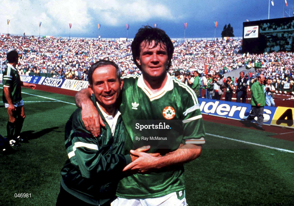 12 June 1988; Republic of Ireland's Charlie O'Leary, left and Ray Houghton celebrate after defeating England. European Championship Finals 1988, Group B, Republic of Ireland v England, Neckarstadion, Stuttgart, Germany. Picture credit: Ray McManus / SPORTSFILE