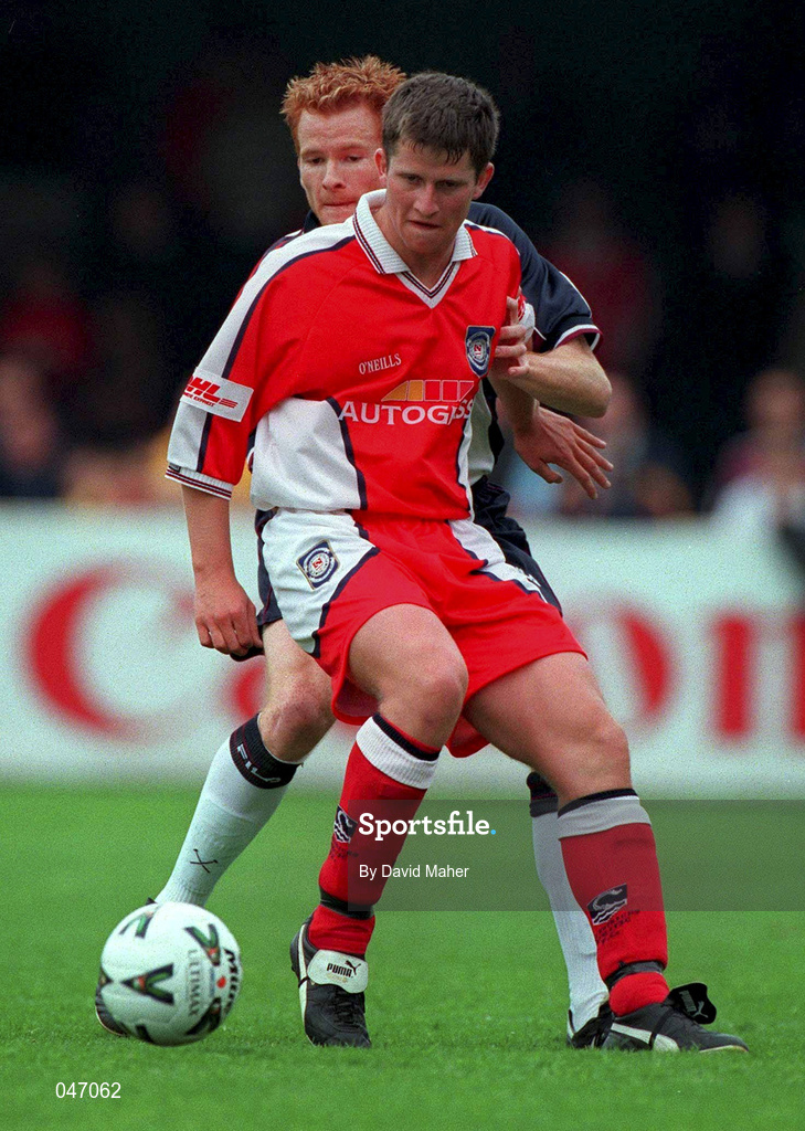 23 July 2000; Ciaran Quinn of St Patricks Athletic in action against Hayden Fox of West Ham United during the Pre-Season Friendly match between St Patrick's Athletic and West Ham United at Richmond Park in Dublin Photo by David Maher/Sportsfile