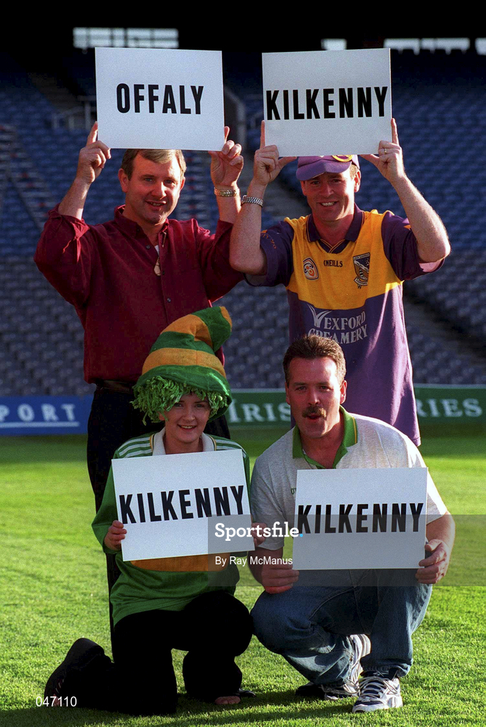7 September 2000; The provincial finalists in the hunt for the All Ireland Fan of the Guinness Hurling Championship predict a Kilkenny victory in Sunday's Guinness All Ireland Hurling Final. Only Connacht's Gerry Kelly feels the Faithful might suceed. Pictured are, Ulster's Rolande Kearns, Munster's Caroline Danagher, Connacht's Gerry Kelly and Leinster's Martin Griffiths. Photo by Ray McManus/Sportsfile