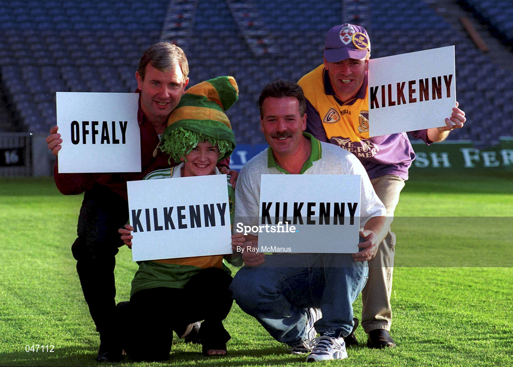 7 September 2000; The provincial finalists in the hunt for the All Ireland Fan of the Guinness Hurling Championship predict a Kilkenny victory in Sunday's Guinness All Ireland Hurling Final. Only Connacht's Gerry Kelly feels the Faithful might suceed. Pictured are, Ulster's Rolande Kearns, Munster's Caroline Danagher, Connacht's Gerry Kelly and Leinster's Martin Griffiths. Photo by Ray McManus/Sportsfile