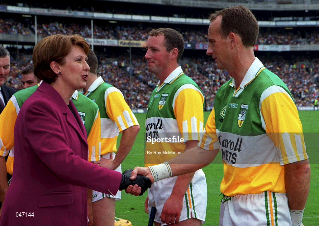 10 September 2000; President of Ireland, Mary McAleese, meets Offaly's Joe Dooley ahead of the All-Ireland Senior Hurling Championship Final match between Kilkenny and Offaly at Croke Park in Dublin. Photo by Ray McManus/Sportsfile