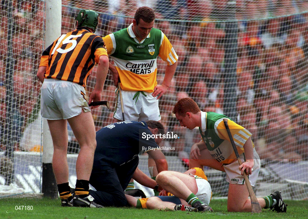 10 September 2000; Offaly goalkeeper Stephen Byrne receives medical attention after receiving an injury during the All-Ireland Senior Hurling Championship Final match between Kilkenny and Offaly at Croke Park in Dublin. Photo by Ray McManus/Sportsfile