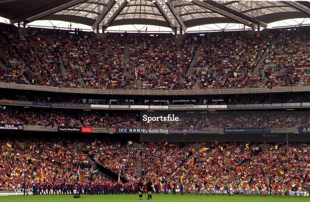 10 September 2000; Both teams led by Captain Johnny Dooley in the parade ahead of the All-Ireland Senior Hurling Championship Final match between Kilkenny and Offaly at Croke Park in Dublin. Photo by Aoife Rice/Sportsfile