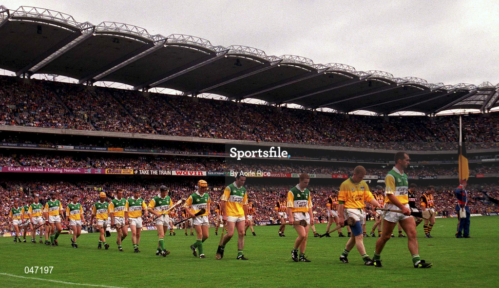 10 September 2000; The Offaly team led by Captain Johnny Dooley in the parade ahead of the All-Ireland Senior Hurling Championship Final match between Kilkenny and Offaly at Croke Park in Dublin. Photo by Aoife Rice/Sportsfile