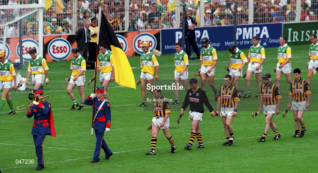 10 September 2000; Both teams parade ahead of the All-Ireland Senior Hurling Championship Final match between Kilkenny and Offaly at Croke Park in Dublin. Photo by Aoife Rice/Sportsfile
