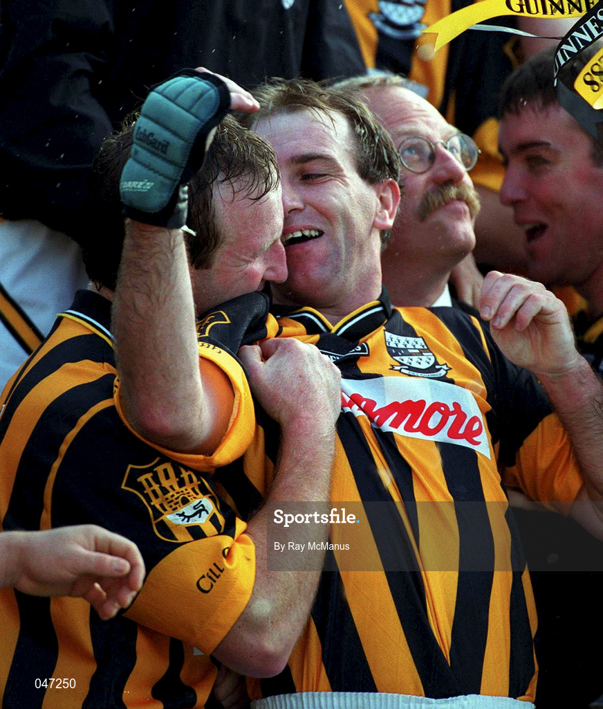 10 September 2000; DJ Carey of Kilkenny celebrates with team-mate Willie O'Connor following the All-Ireland Senior Hurling Championship Final match between Kilkenny and Offaly at Croke Park in Dublin. Photo by Ray McManus/Sportsfile