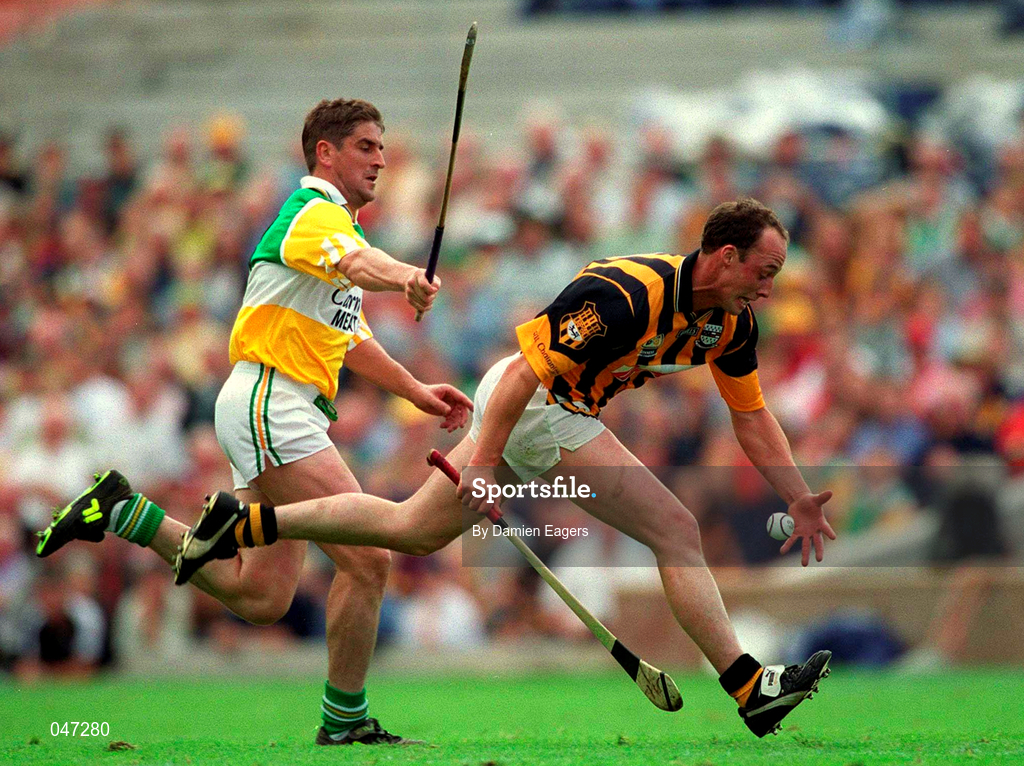 10 September 2000; Andy Comerford of Kilkenny in action against Michael Duignan of Offaly during the All-Ireland Senior Hurling Championship Final match between Kilkenny and Offaly at Croke Park in Dublin. Photo by Damien Eagers/Sportsfile